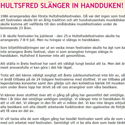 Konkurs - Hultsfred Festival 2010 findet nicht statt