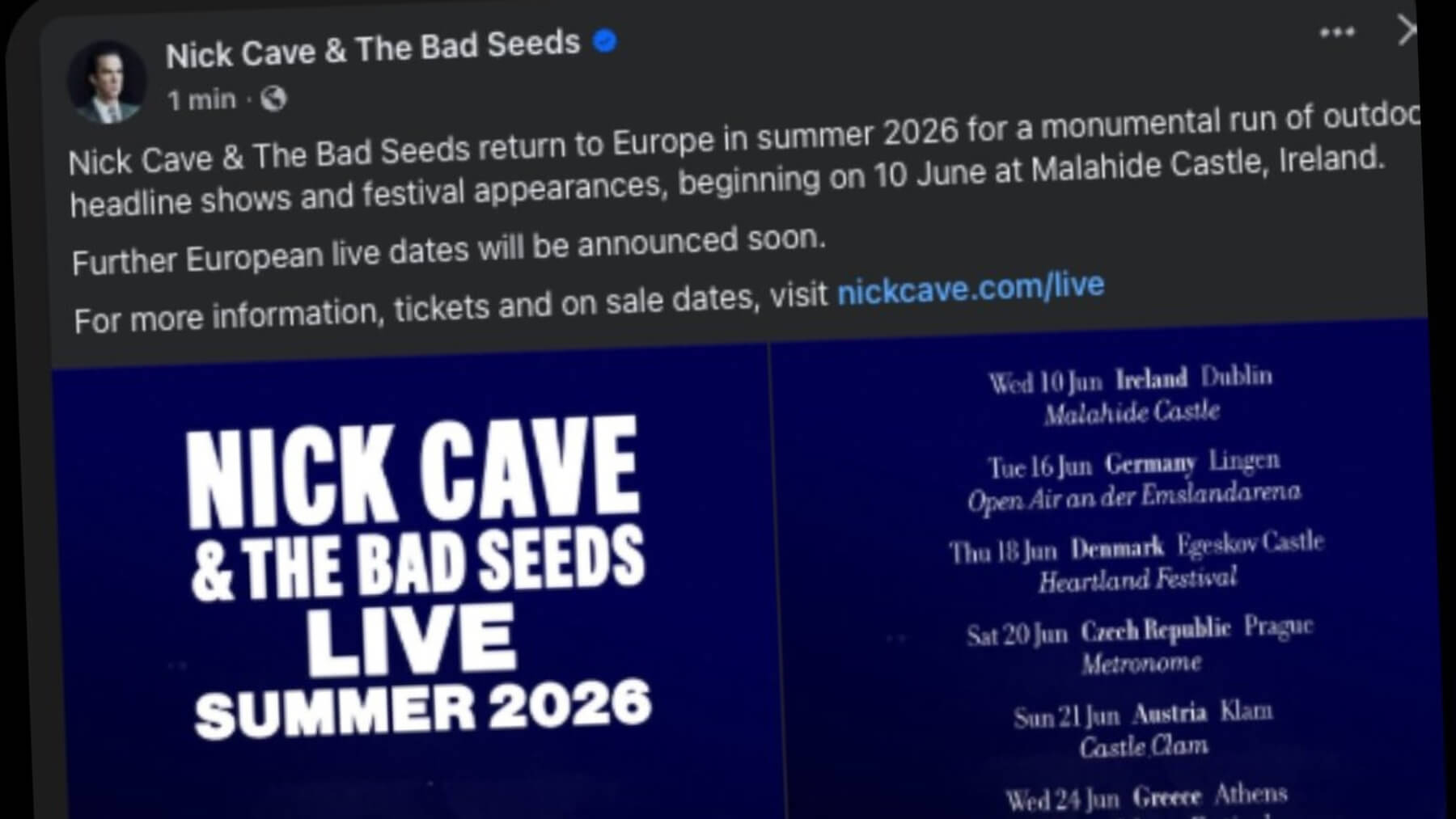 Der versehentlich veröffentlichte Post auf Nick Cave's Facebook-Account.