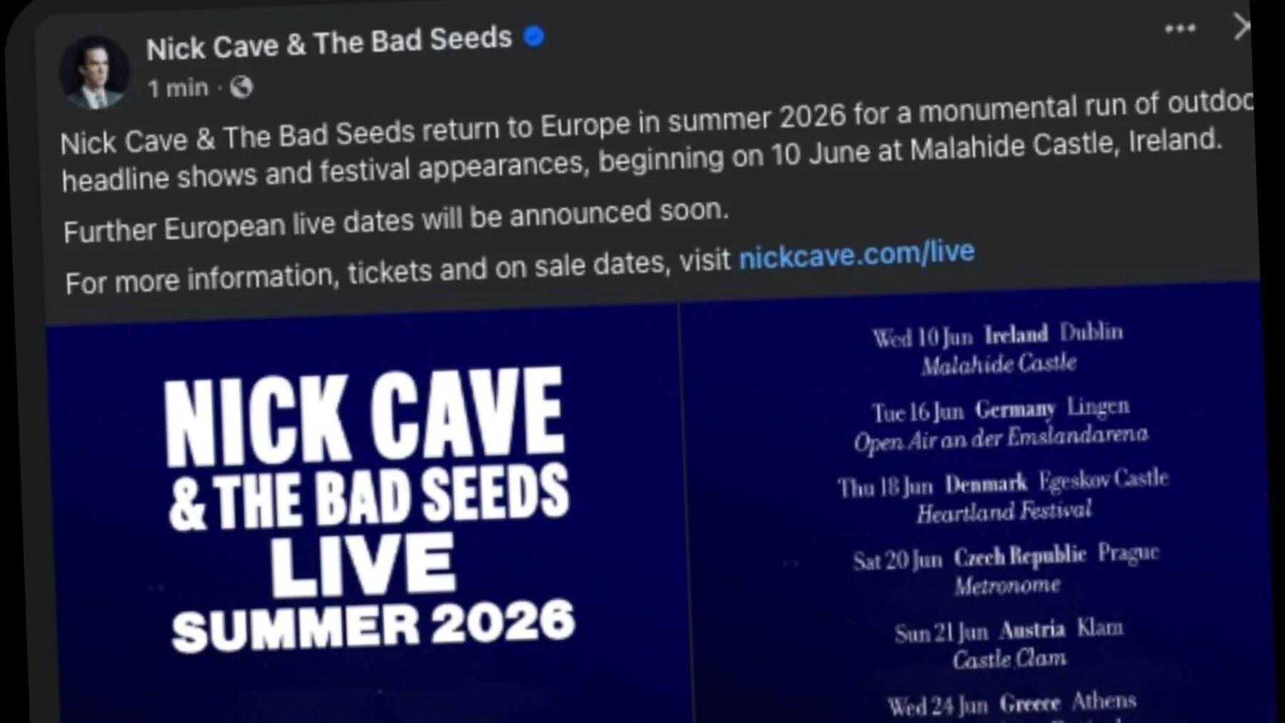 2026er-Festivaltour von Nick Cave & The Bad Seeds geleakt