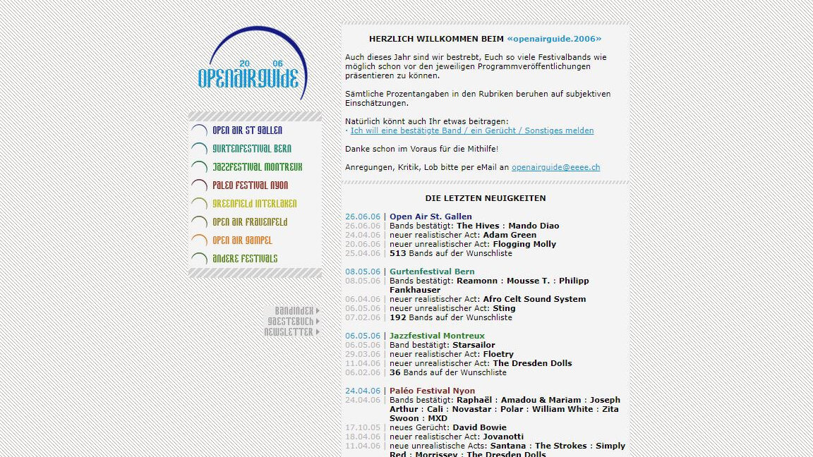 openairguide.net im Jahr 2006 (damals noch unter openairguide.eeee.ch)